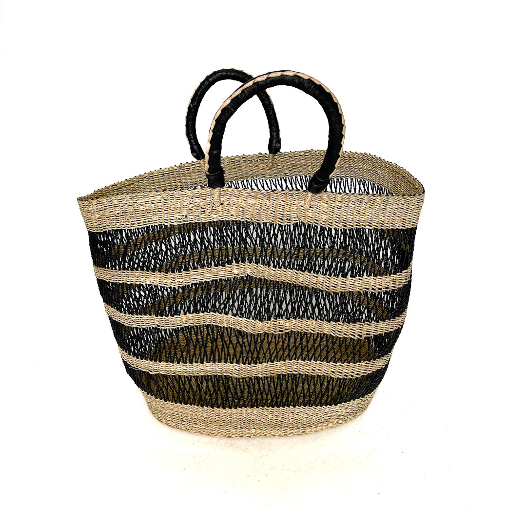 Large Beach Basket Black and Natural- black handles with white detailing