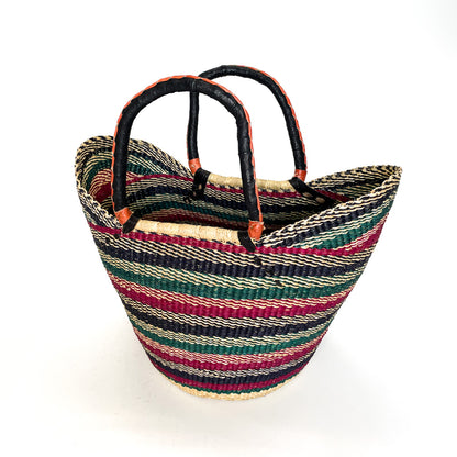 Large Multicoloured Closed Weave U-Shopper Baskets Mixed Warm Tones with Blue Stripe