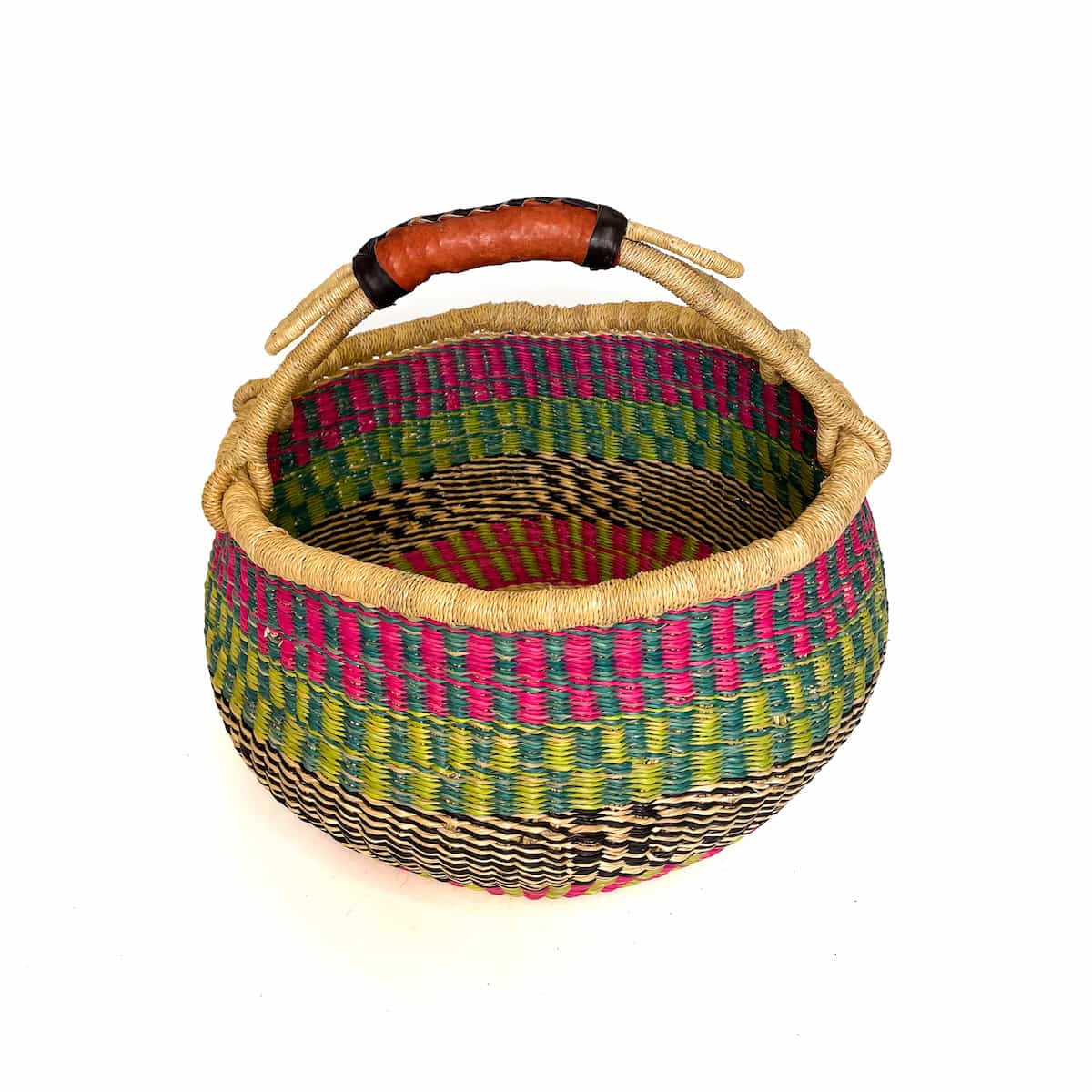Medium Round Basket Patterned Pink and Green