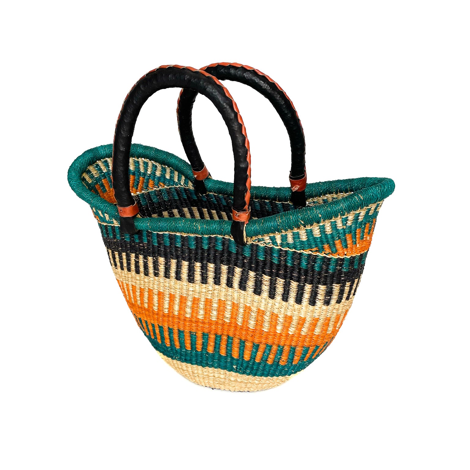 Turquoise and Orange Jigsaw Frafra Large Multicoloured U-shopper Baskets with Edging