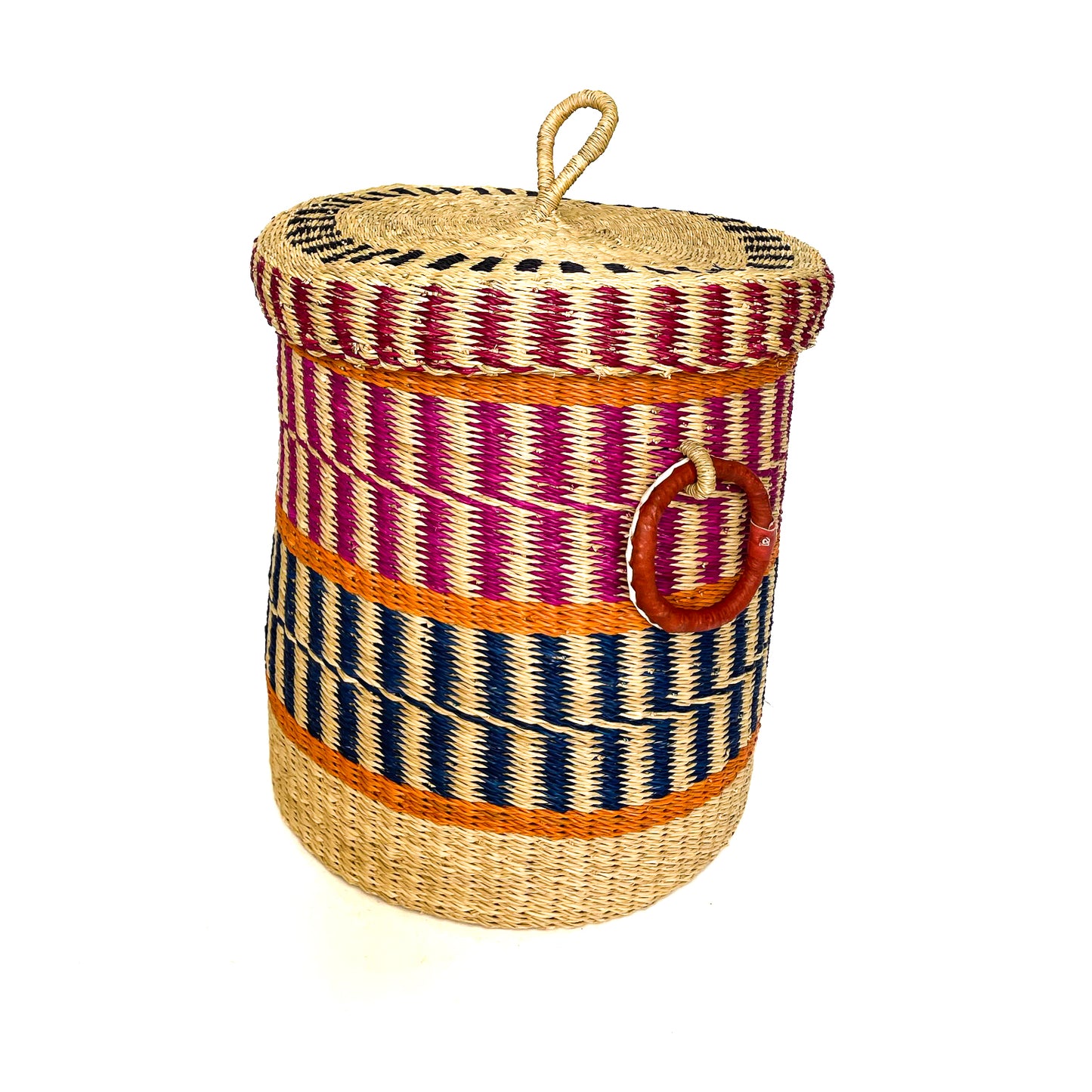Small Lidded Laundry Basket Dark Pink and Navy
