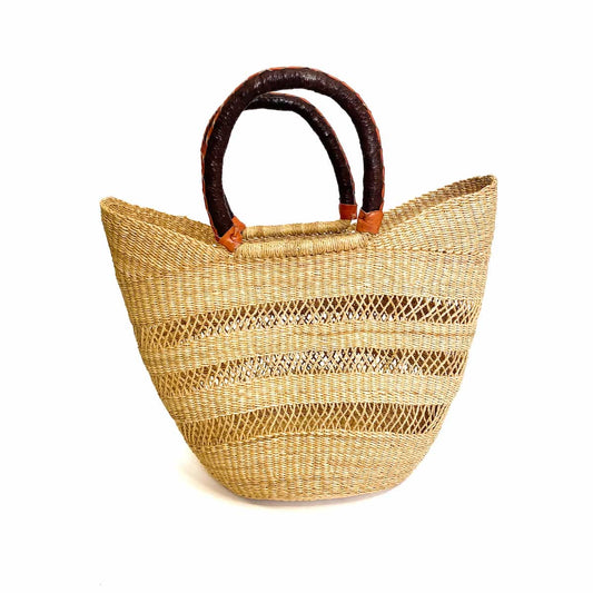 Large Natural Open Weave U-shoppers Brown Handles with Terracotta Detailing