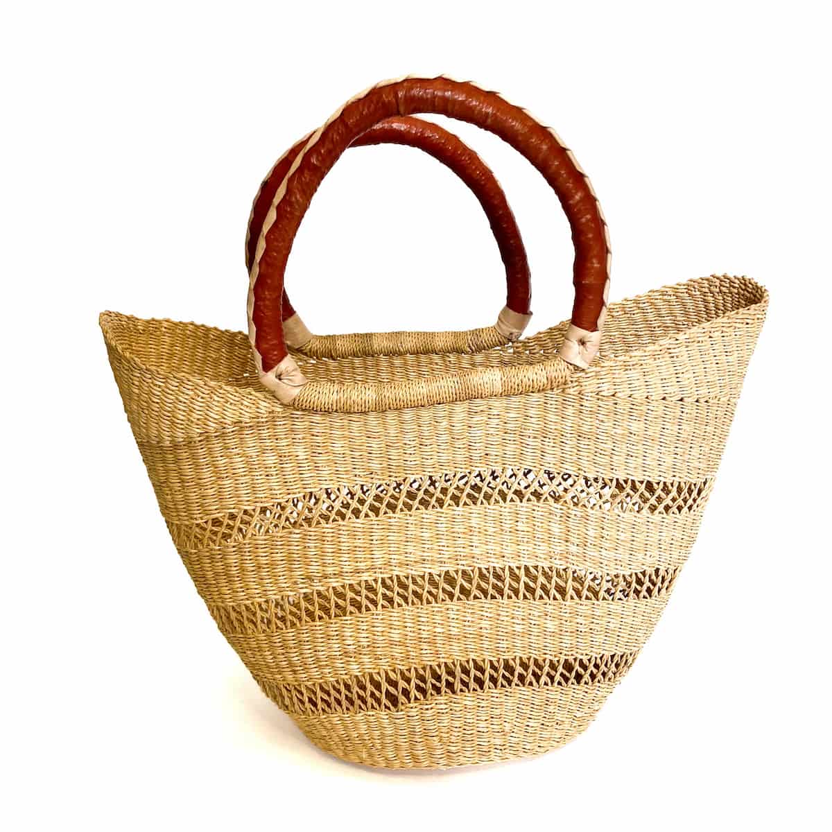Frafra Medium Natural Open Weave U-shopper Basket, Terracotta handles with White detailing