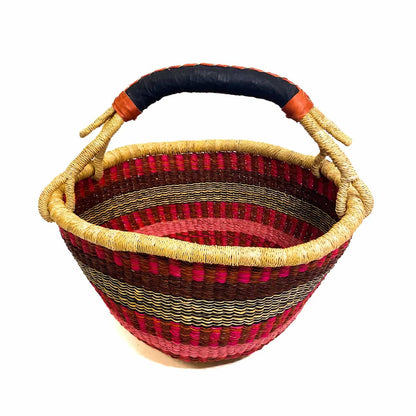 small round basket red and pink with one handle