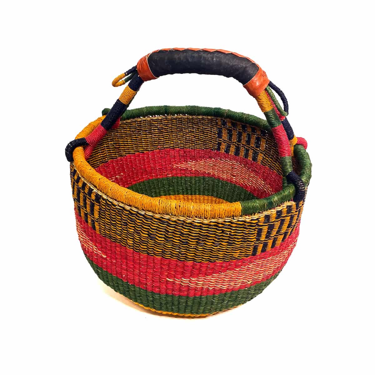 Round basket with one handle in red and yellow