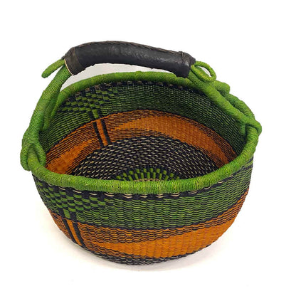 round basket with one handle in orange and green color