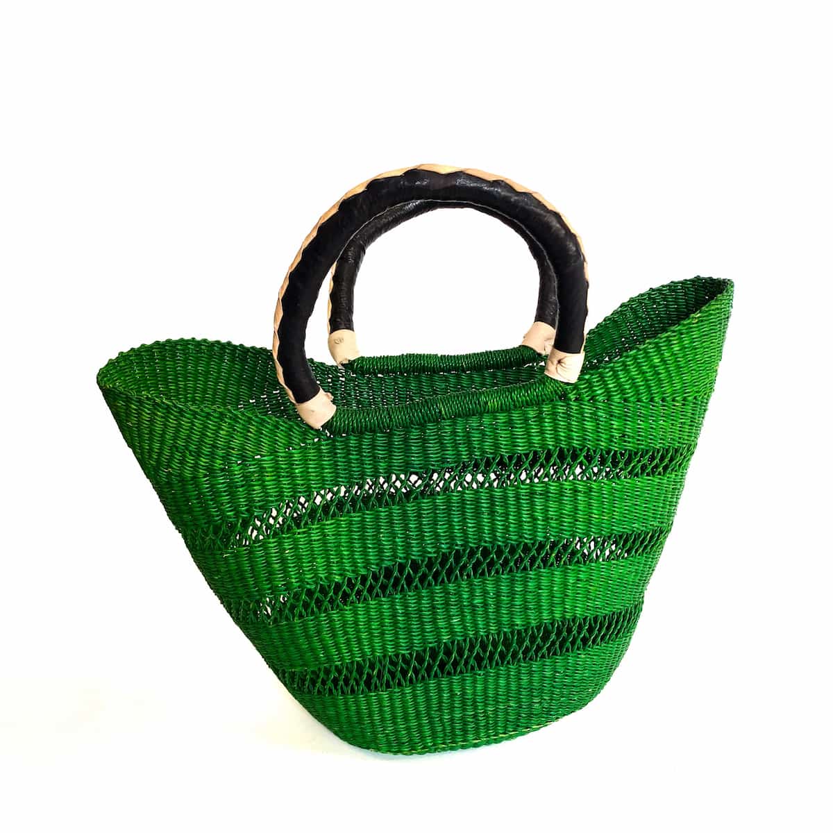 Green Frafra Medium Colour Block Open Weave U-shopper Basket