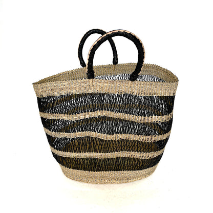 Large Beach Basket Black and Natural- black handles with white detailing