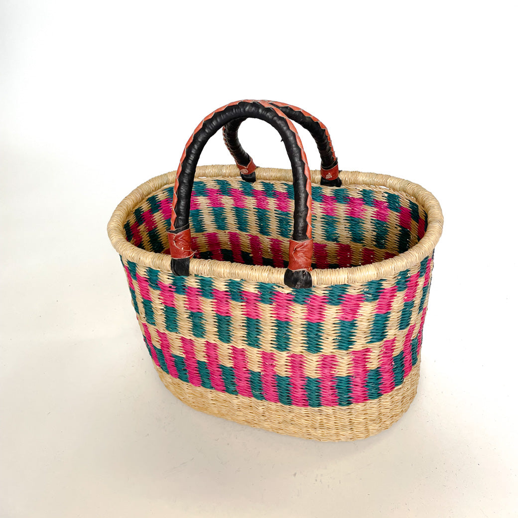 Pink and Turquoise Checkerboard Frafra Oval Basket