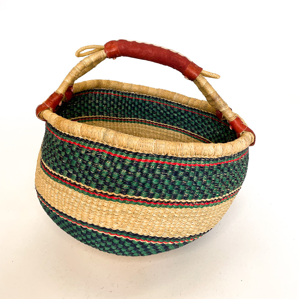 Medium Round Basket Green and Blue Checkerboard with Red Detailing
