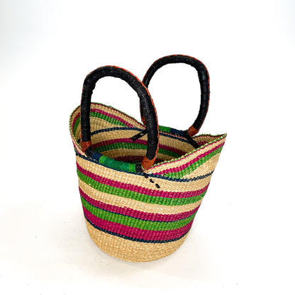 Frafra Medium Multicoloured Closed Weave U-shopper Basket, Green and Dark Pink Stripe 