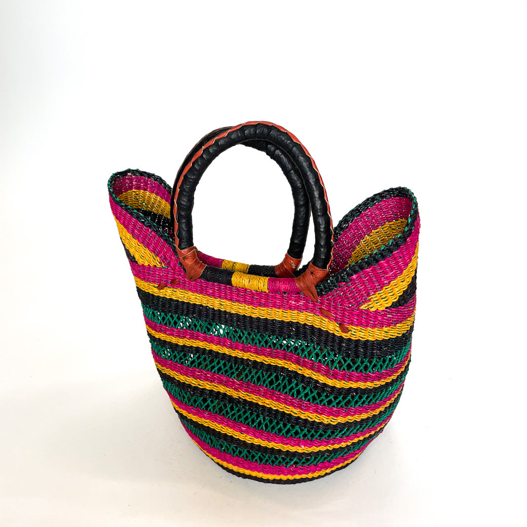 Frafra Large Multicoloured Open Weave U-shopper Basket, Pink and Yellow
